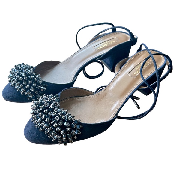 Aquazzura Shoes - Aquazzura Navy Blue Suede Lace Up Heels EU size 38-1/2 Beaded Toes Rare!